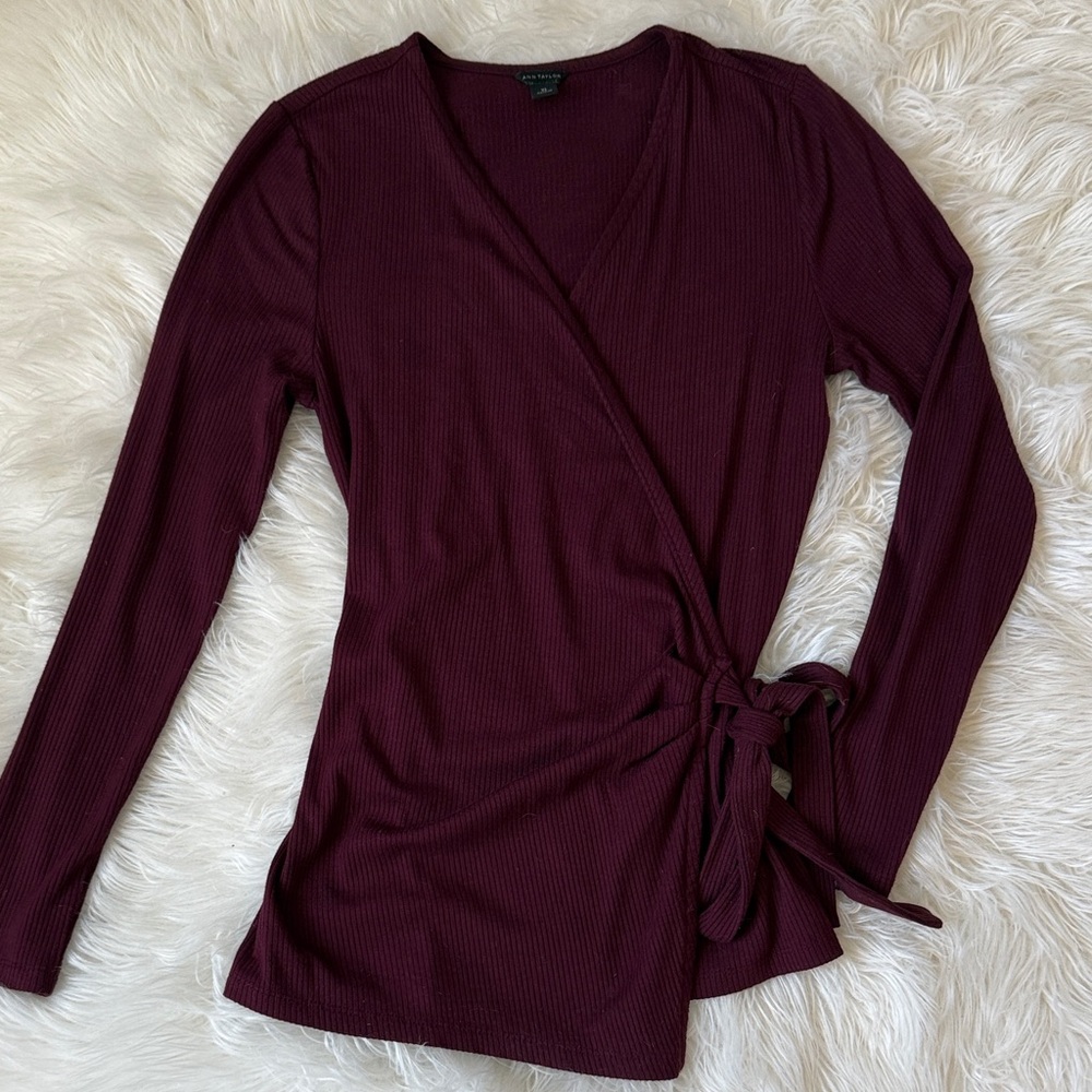 Ann Taylor XS Burgundy Ribbed Wrap Tie Top